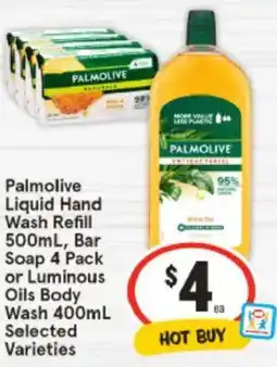 IGA Palmolive Liquid Hand Wash Refill , Bar Soap 4 Pack or Luminous Oils Body Wash Selected Varieties offer
