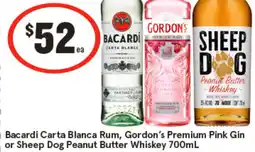 IGA Bacardi Carta Blanca Rum, Gordon's Premium Pink Gin | Absolut or Sheep Dog Peanut Butter Whiskey offer