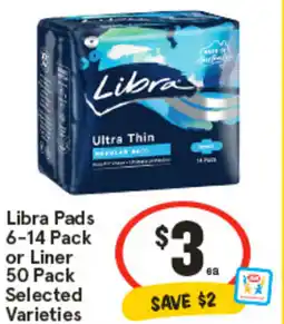 IGA Libra Pads 6-14 Pack or Liner 50 Pack Selected Varieties offer