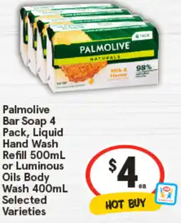 IGA Palmolive Bar Soap 4 Pack, Liquid Hand Wash Refill or Luminous Oils Body Wash Selected Varieties offer