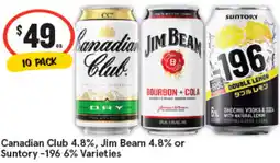 IGA Canadian Club 4.8%, Jim Beam 4.8% or Suntory −196 6% Varieties offer