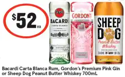 IGA Bacardi Carta Blanca Rum, Gordon's Premium Pink Gin | Absolut or Sheep Dog Peanut Butter Whiskey offer