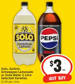 IGA Solo, Sunkist, Schweppes Lemonade or Soda Water Selected Varieties offer