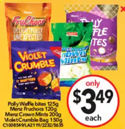 Cheap as Chips Polly Waffle bites , Menz Fruchocs ,Menz Crown Mints ,Molet Crumble Bag offer