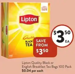 Foodworks Lipton Quality Black or English Breakfast Tea Bags offer