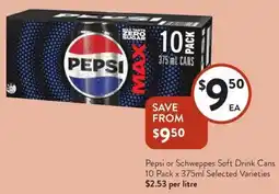 Foodworks Pepsi or Schweppes Soft Drink Cans Selected Varieties offer