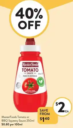Foodworks MasterFoods Tomato or BBQ Squeezy Sauce offer