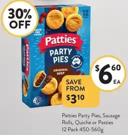 Foodworks Patties Party Pies, Sausage Rolls, Quiche or Pasties offer