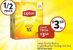 Foodworks Lipton Quality Black or English Breakfast Tea Bags 100 Pack offer