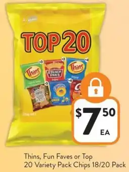 Foodworks Thins, Fun Faves or Top 20 Variety Pack 20 Variety Pack Chips 18/20 Pack offer