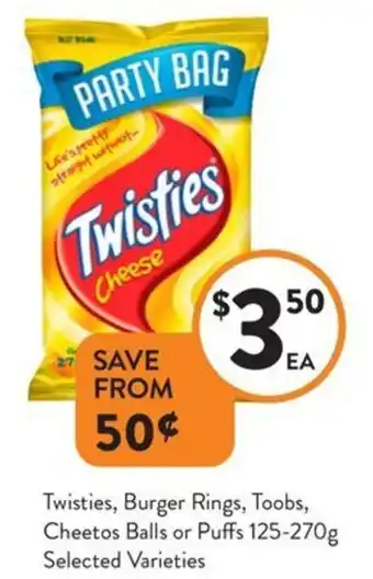 Foodworks Twisties, Burger Rings, Toobs, Cheetos Balls or Puffs Selected Varieties offer