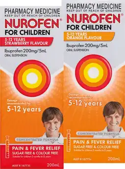 Pharmacist Advice Nurofen For Children 5-12 Years Strawberry or Orange Flavour 200mL offer