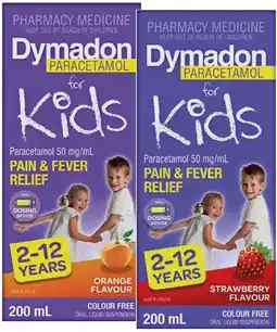 Pharmacy Best Buys Dymadon Paracetamol for Kids 2-12 Years Orange or Strawberry Flavour 200mL offer