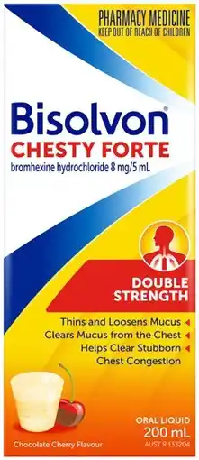 Amcal Pharmacies Bisolvon Chesty Forte Double Strength Oral Liquid Chocolate Cherry Flavour 200mL offer