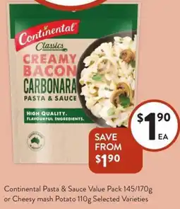 Foodworks Continental Pasta & Sauce Value Pack or Cheesy mash Potato Selected Varieties offer