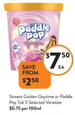Foodworks Streets Golden Gaytime or Paddle Pop Tub Selected Varieties offer