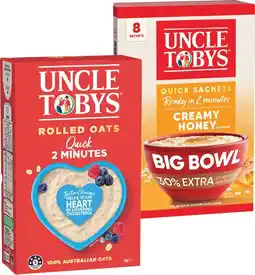 IGA Uncle Tobys Rolled Oats 1kg or Big Bowl Quick Sachets 8 Pack Selected Varieties offer