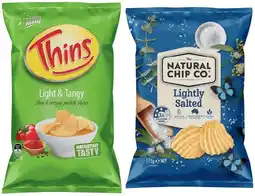 IGA The Natural Chip Co. or Thins Chips 150-175g or Thins Onion Rings 85g Selected Varieties offer