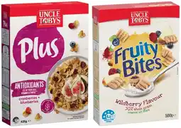 IGA Uncle Tobys Plus Cereal 410‑435g or Fruity Bites Wildberry Flavour 500g Selected Varieties offer