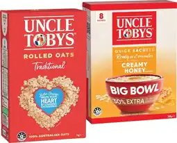 IGA Uncle Tobys Rolled Oats 1kg or Quick Sachets Big Bowl 8 Pack Selected Varieties offer