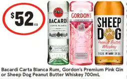 IGA Bacardi carta blanca rum, gordon's premium pink gin canadian club original whisky or sheep dog peanut butter whiskey offer