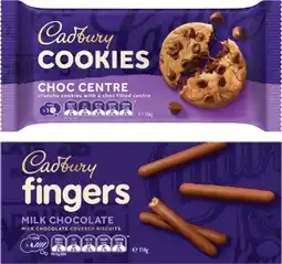 Coles Cadbury Choc Finger or Choc Centre Cookies 114g-156g offer