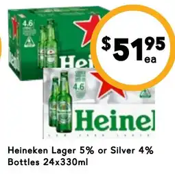 Drakes Heineken Lager 5% or Silver 4% Bottles 24x330ml offer