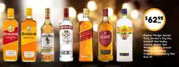 Drakes Captain morgan spiced gold, gordon's dry gin, smirnoff red vodka, johnnie walker red whisky, grant's scotch whisky, bundaberg offer