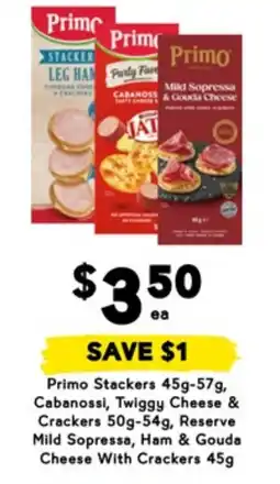 Drakes Primo stackers, cabanossi, twiggy cheese & crackers, reserve mild sopressa, ham & gouda cheese with crackers offer