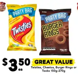 Drakes Twisties, cheetos, burger rings or toobs offer