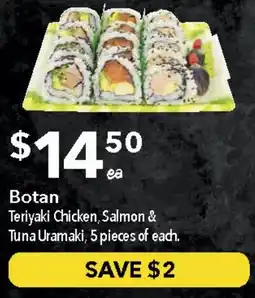 Ritchies Botan teriyaki chicken, salmon & tuna uramaki offer