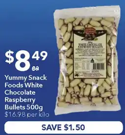 Ritchies Yummy snack foods white chocolate raspberry bullets offer