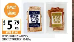 Supabarn Ricci's bikkies pita crisps selected varieties offer