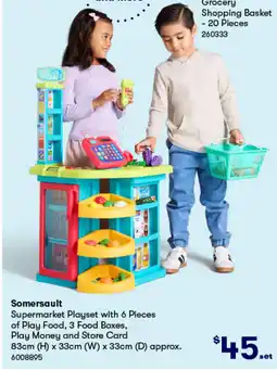 BIG W Supermarket playset with 6 pieces of play food, 3 food boxes, offer