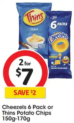 Coles Cheezels 6 Pack or Thins Potato Chips offer