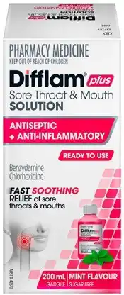 Discount Drug Stores Difflam Plus Ready To Use Sore Throat & Mouth Gargle Solution Mint Flavour 200mL offer