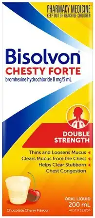 Discount Drug Stores Bisolvon Chesty Forte Double Strength Oral Liquid Chocolate Cherry Flavour 200mL offer