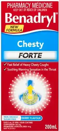 Discount Drug Stores Benadryl Chesty Forte Cough Liquid Berry Flavour 200mL offer