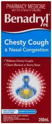 Discount Drug Stores Benadryl PE Chesty Cough & Nasal Congestion Cough Liquid Berry Flavour 200mL offer