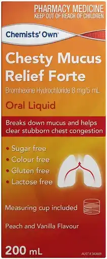Discount Drug Stores Chemists’ Own Chesty Mucus Relief Forte Oral Liquid 200mL offer