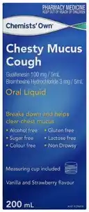 Discount Drug Stores Chemists’ Own Chesty Mucus Cough Oral Liquid Vanilla and Strawberry Flavour 200mL offer
