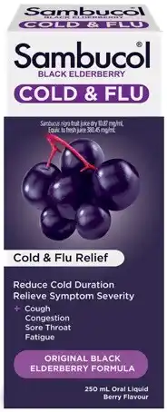 Discount Drug Stores Sambucol Cold & Flu Relief Oral Liquid Berry Flavour 250mL offer