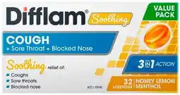 Discount Drug Stores Difflam Soothing Cough + Sore Throat + Blocked Nose Honey Lemon Menthol Value Pack 32 Lozenges offer