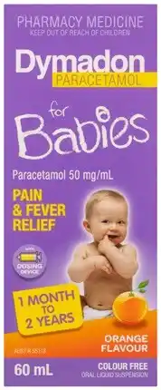 Discount Drug Stores Dymadon Paracetamol For Babies 1 Month - 2 Years Colour Free Orange Flavour 60mL offer