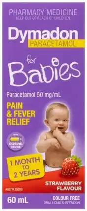 Discount Drug Stores Dymadon Paracetamol For Babies 1 Month - 2 Years Colour Free Strawberry Flavour 60mL offer