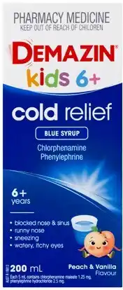 Discount Drug Stores Demazin Cold Relief Kids 6+ Syrup Peach & Vanilla Flavour 200mL offer