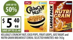Supabarn Kellogg's crunchy nut, coco pops, fruit loops, just right and nutri grain breakfast cereal selected varieties offer