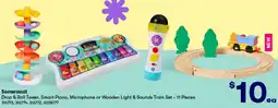 BIG W Drop & Roll Tower, Smart Piano, Microphone or Wooden Light & Sounds Train Set - 11 Pieces offer