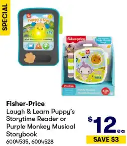 BIG W Laugh & Learn Puppy's Storytime Reader or Purple Monkey Musical Storybook offer