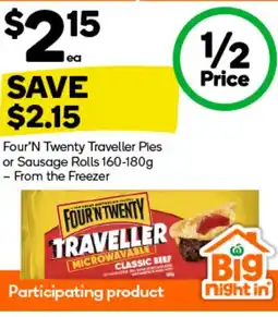 Woolworths Four'n twenty traveller pies or sausage rolls offer